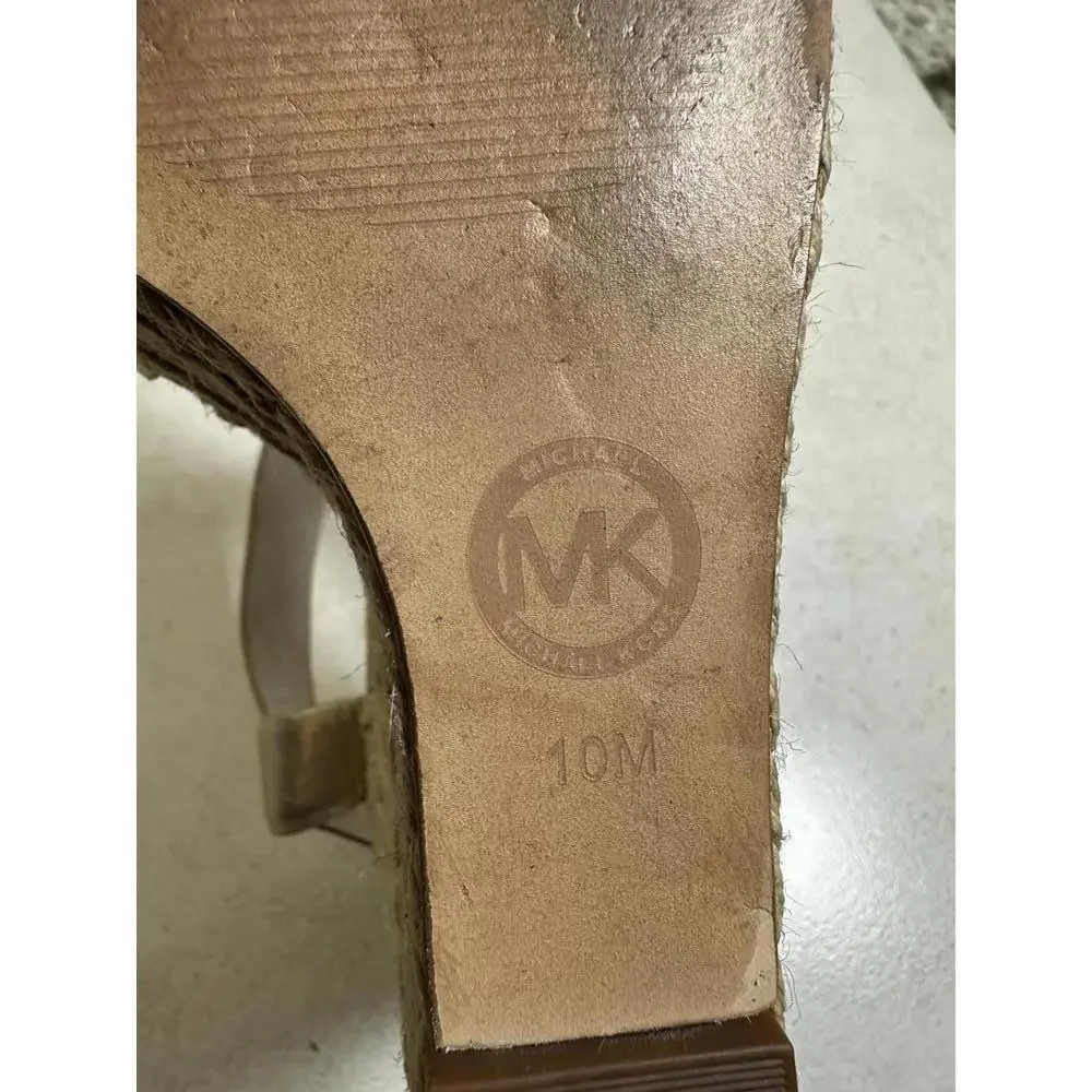 Michael Kors 10M Gold Leather Strappy Espadrille Wedge Sandals